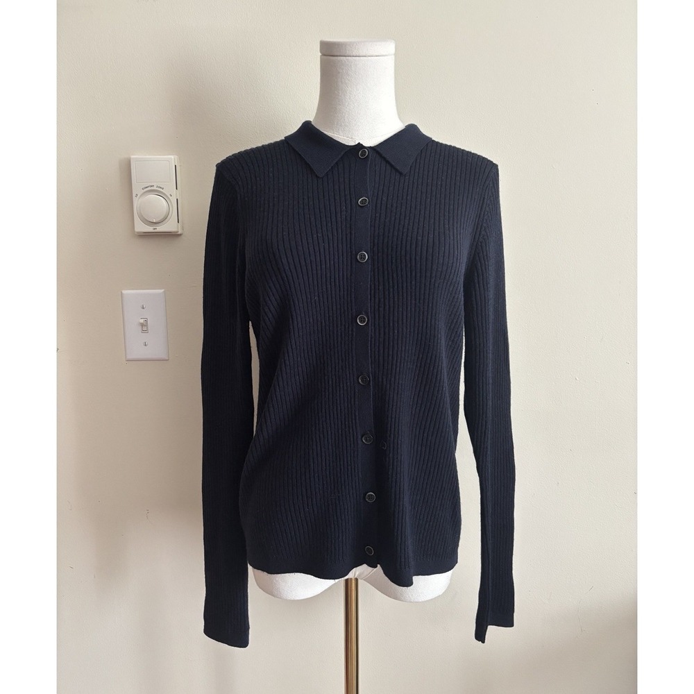 Uniqlo Womens XL Rib Knit Cardigan Sweater Wool Navy Blue Collared Cardigan Chic